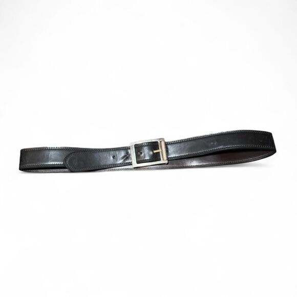Men’s Size 36 Genuine Leather Reversible Black Brown Belt Silver Buckle - Picture 2 of 7